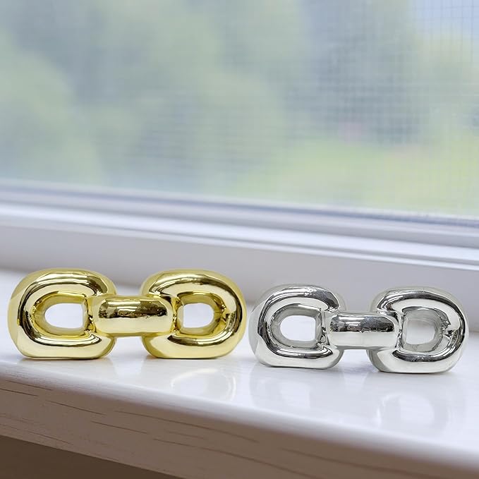 Zerzsy Set of 2 Ceramics Modern Abstract Figurines Sculpture Decoration, Gold & Silver Chained Statues for Home Living Room Bedroom Bookshelf Shelves Wedding Office Desk Table