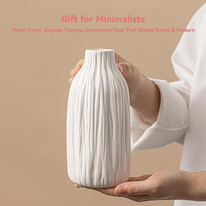 White Ceramic Vase for Home Decor – Minimalist Decorative Vase for Living Room & Office,7.2" Vase for Pampas Grass & Centerpieces, Modern Unique Flower Vase Gift for Friends or Yourself