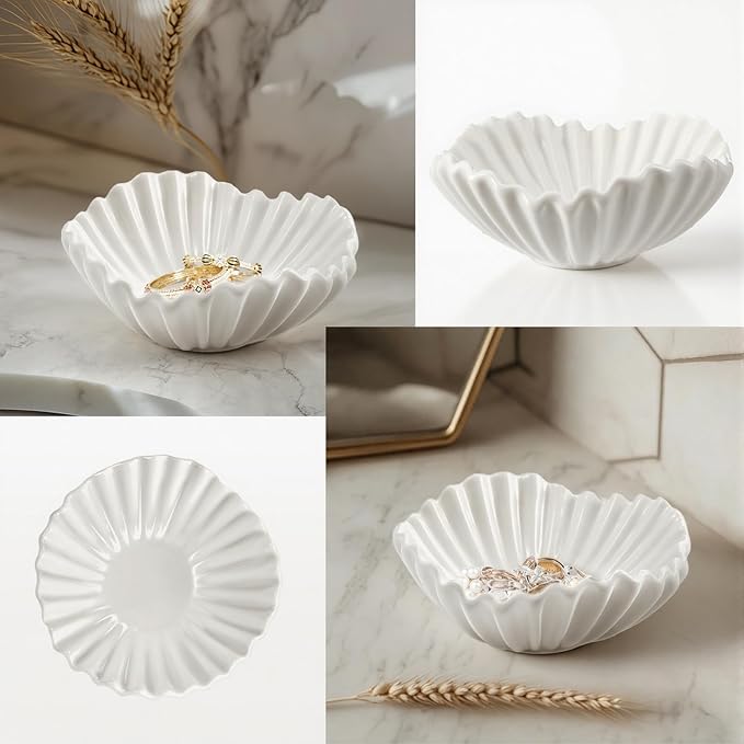 3 Pcs Ceramic Ruffle Bowl 3 Sizes Scalloped White Decorative Bowls Fruit or Key Holder for Modern Home Decor Entryway Living Room Coffee Table Centerpiece Decor Housewarming Gifts