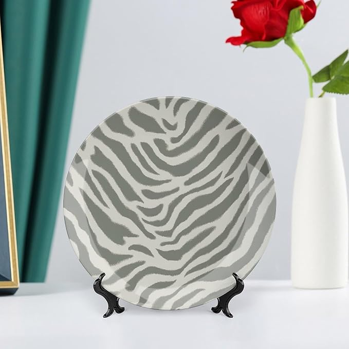 Tiger Stripes Cream Muted Beige China Plates of 6", 7", 9", 10", Custom Ceramic Dinner Plate, Table Office Decorations Club, with Vertical Stand