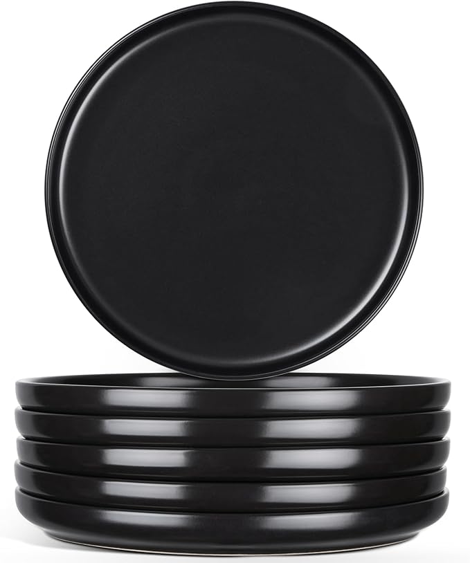 E-far 8” Ceramic Salad Plates Set of 6, Stoneware Dishes Dessert Plate for Home Kitchen Restaurant, Microwave & Dishwasher Safe – Matte Black