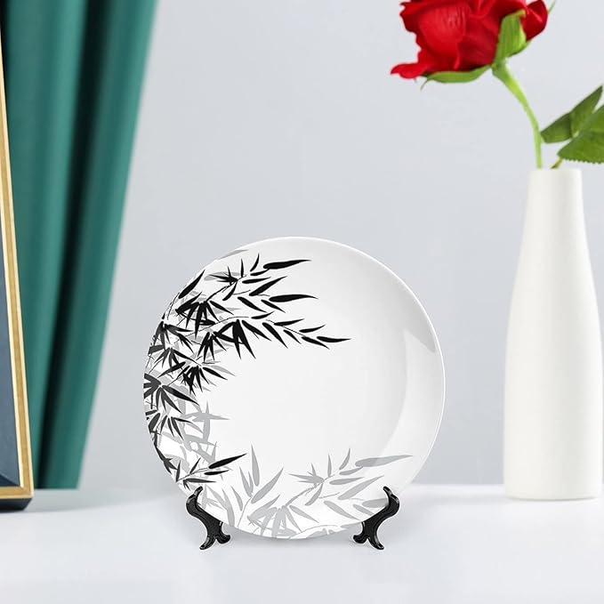 XISUNYA 6 Inch Decorative Plate, Janpese Decor Tableware Plate, Bamboo Leaves Art Print Ceramic Wall Hanging Decor Accessory for Dining Table Tabletop Home Decor
