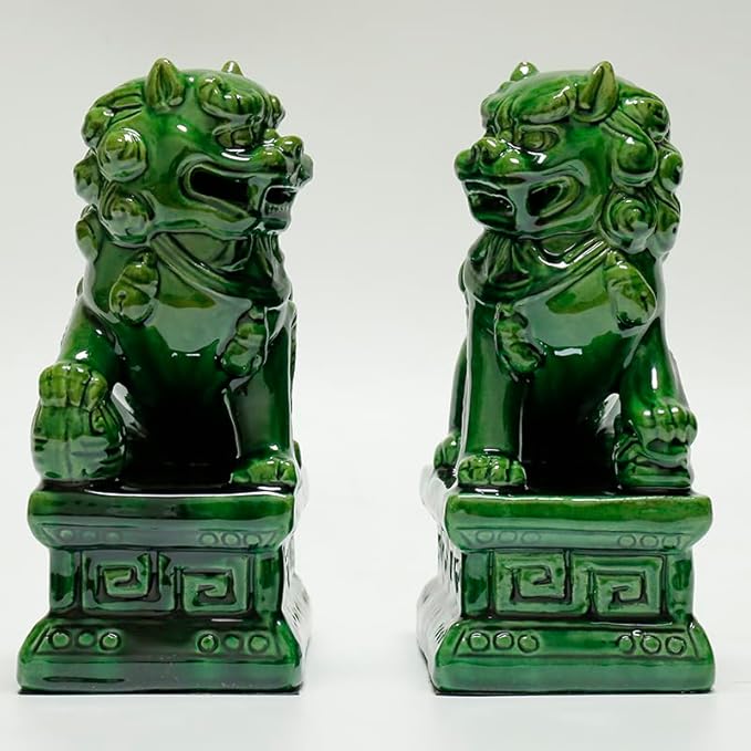 Handcrafted Ceramic Feng Shui Foo Dog Statues Pair Asian Guardian Lions for Office, Home, Housewarming, and Store Opening Gifts Traditional Chinese Decor,Green,5.12 * 7.48in