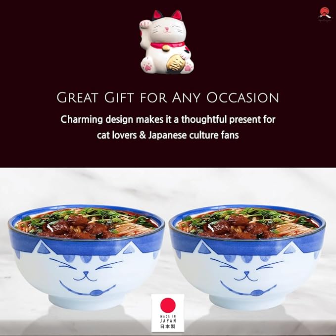 JapanBargain 2471, Set of 4 Japanese Porcelain Bowls Serving Miso Soup Pho Ramen Udon Donburi and Salad, Maneki Neko Smiling Cat Pattern, 18 fl.oz. 5-inch, Blue Color, Made in Japan