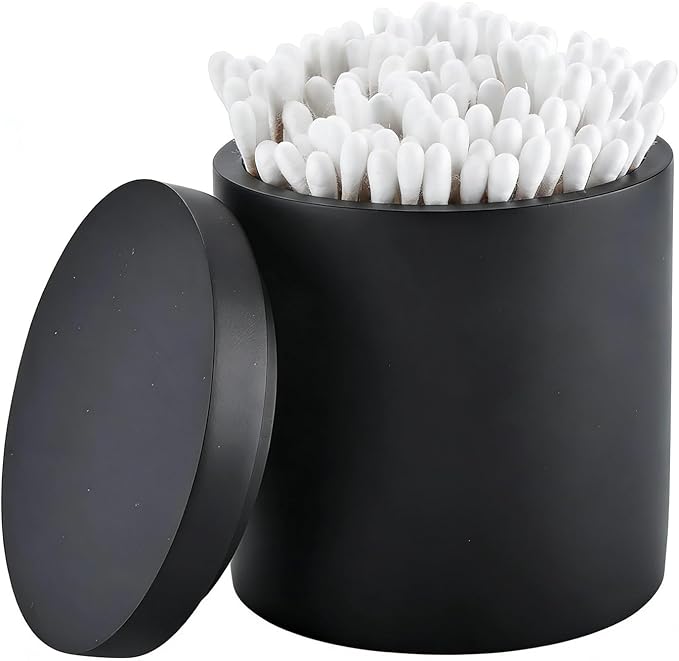 Cotton Swab Holder with Lid, Round Qtip Holder Bathroom Black, Resin Cotton Ball Canister Jar Cosmetics Makeup Countertop Organizer Containers Canister Apothecary Jar, Matte Black