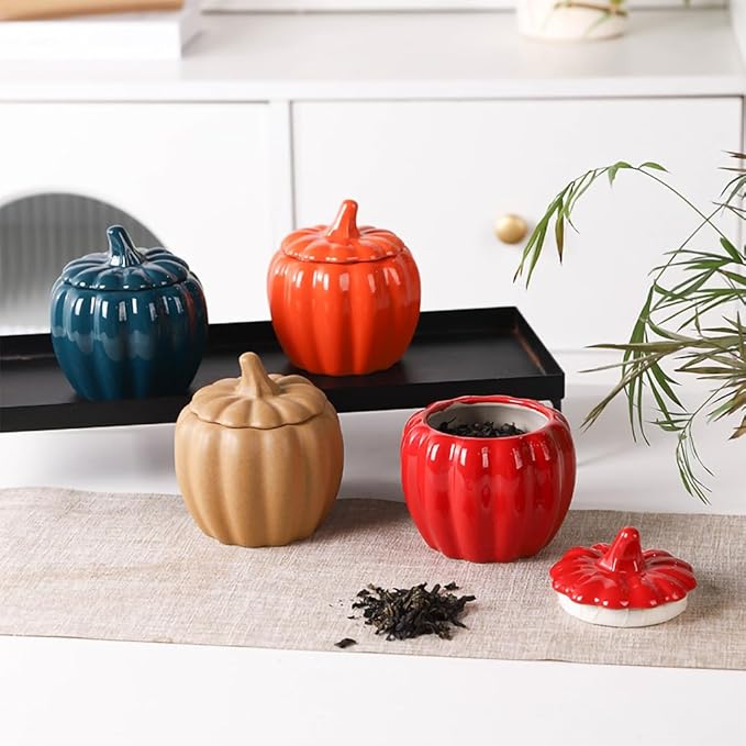 WAIT FLY Pumpkin Shape Airtight Ceramic Canister Tea Canister Tea Storage Food Storage Jar for Tea, Coffee, Spices, Sugar, Cookies, Pickle, Cereals-Red-7 OZ