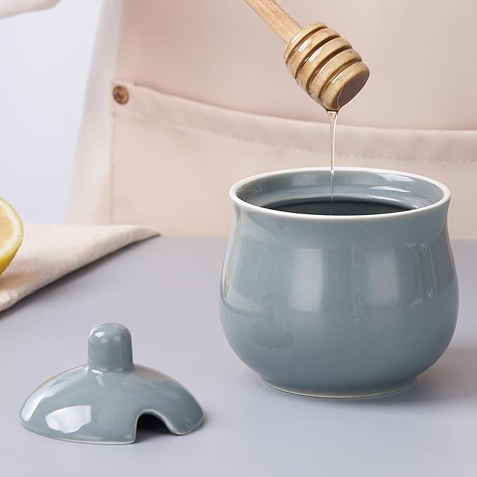 Ceramic Sugar Bowl with Lid and Spoon, Gray Porcelain Sugar Salt Pepper Storage Jar, 7 Ounces