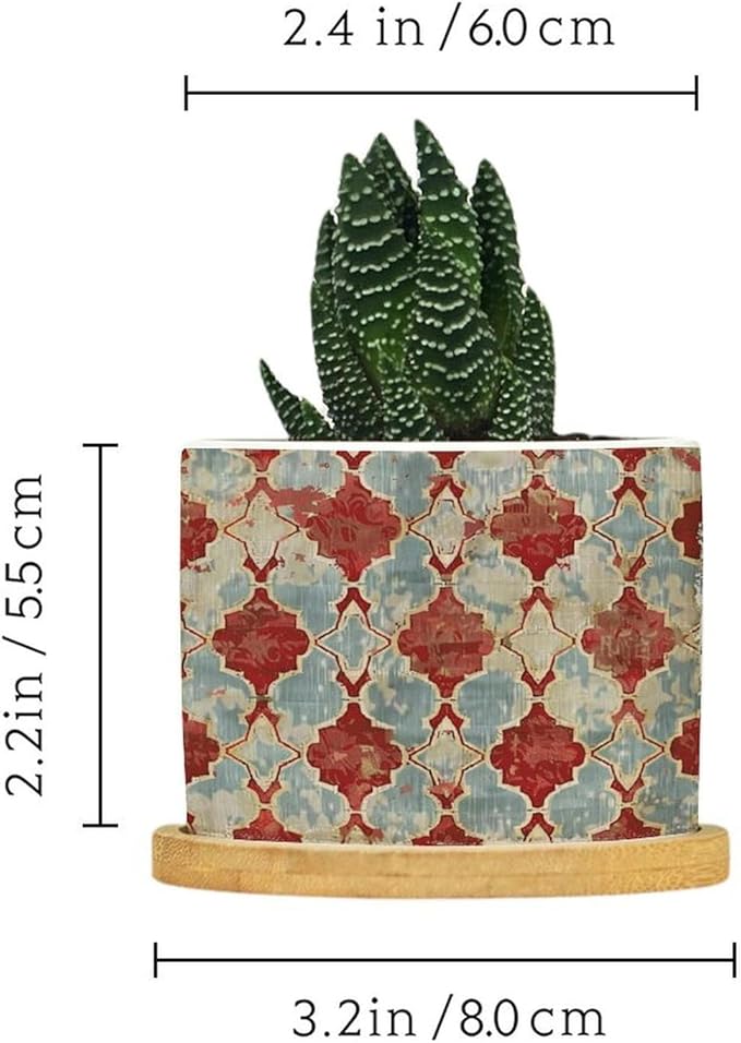 DreamAutumn Geometric Kilim Moroccan Ikat Ceramic Pots with Drainage Holes - Round Flowerpots with Bamboo Tray for Succulents and Snake Plants