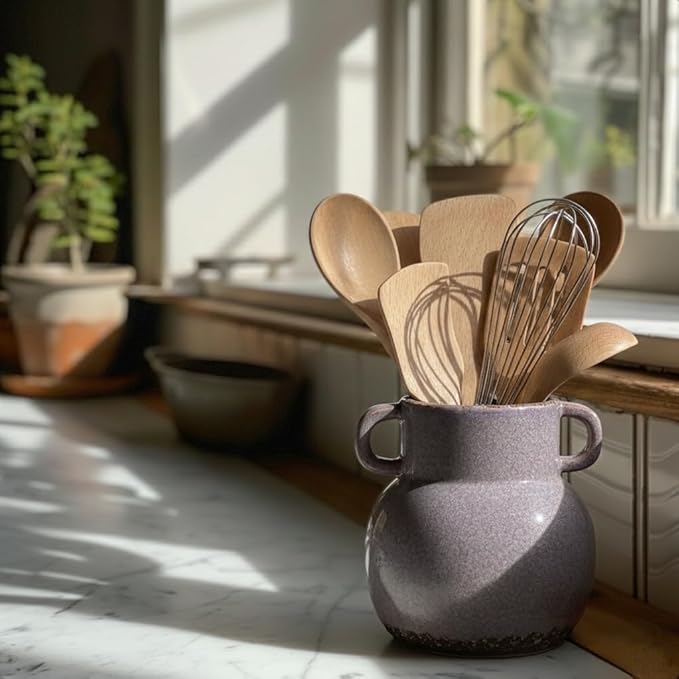 JIEMEI HOME Kitchen Utensil Holder with Handle, 6.85" Ceramic Farmhouse Stable Utensil Crock for Countertop, Utensil Organizer with Cork Bottom, Spatula Holder For Kitchen Decor, Purple
