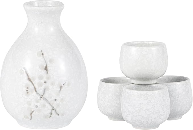 Japanese Plum Blossoms 5 Piece Sake Set 9.5 fl oz Bottle and 4 Cups Porcelain (White)