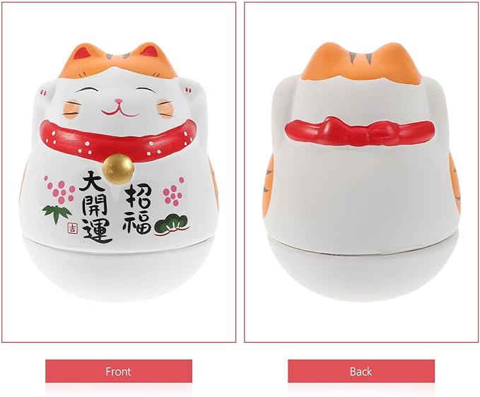 Ceramic Cat Tumbler Figurine White Lucky Cat Statue with Orange Ears Japanese Creative Desktop Ornament Feng Shui Decoration for Home and Office