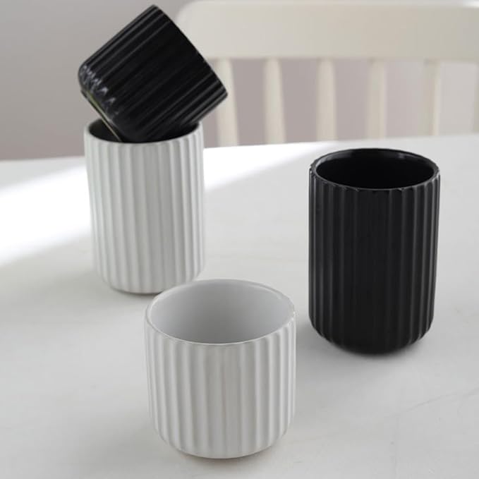 Nordic Ceramic Mug, Japanese Tea Cup 6oz Striped Cup No Handle Drinking Cup for Latte Milk Water Beverage Juice Microwave and Dishwasher Safe, Minimalist coffee Cup, Matte Black