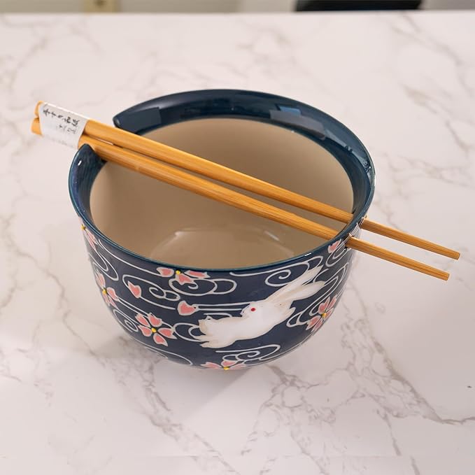 Urban Tokyo Handpainted Ceramic Glazed Japanese Ramen Udon Noodle Rice Bowl With Chopsticks 20 fl oz 5 inch Diameter Bowl Sets Color Box Packaging (Cherry Blossoms Rabbit)