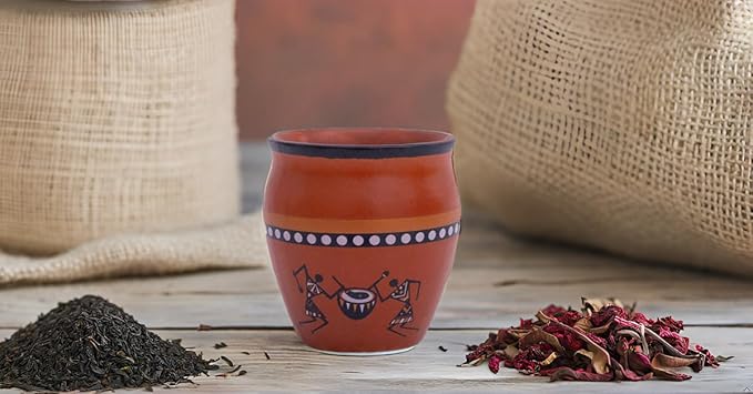 Handmade Traditional Kulhar Kulhad Chai Tea Coffee Mug Cup Cantaritos Set of 6 Glazed Earthenware Glossy Finish Clay Terracotta Artisanal Studio Pottery Mud Brown Food Safe Natural Rustic Eco-Friendly