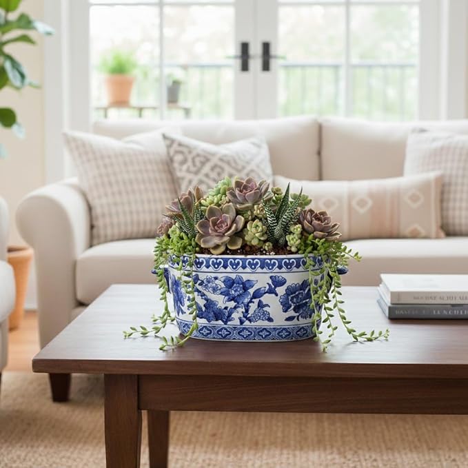 Blue and White Ceramic Planter Pot – Vintage Floral Oval Cachepot Vase for Indoor Plants, Flowers & Succulents – Glazed Chinese Porcelain Style Decorative Bowl –10.6" Size – No Drainage