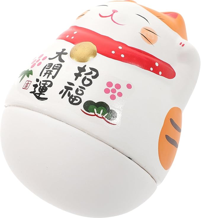 jojofuny Ceramic Cat Tumbler Figurine White Lucky Cat Ornament with Orange Ears Japanese Style Desktop Decor Auspicious Collectible Gift for Home Office