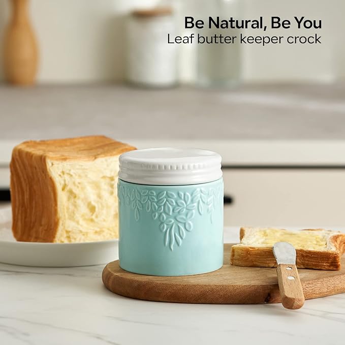 Toptier Butter Crock for Counter With Water Line, On Demand Spreadable Butter, Ceramic Butter Keeper to Leave On Counter, French Butter Dish with Lid (Blue Leaf)