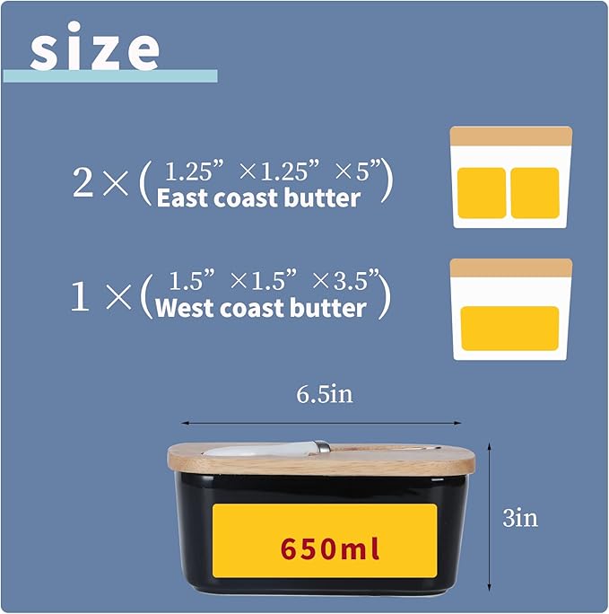GDCZ Large Ceramic Butter Dish for Countertop Butter Keeper with Silicone Sealing, Natural Wooden Lid and Stainless Steel Knife, Kitchen Decor and Accessories for Kitchen Gifts (Black)