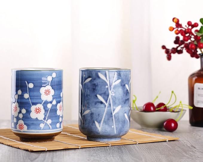 WHJY 10oz Transitional Chinese/Japanese style Handle-less Ceramic Tea cups teacup, Cherry Bloom & Rush straw in Blue Sky Pattern Set of 2