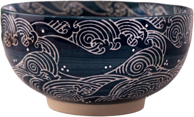 Urban Tokyo Japanese Kamameshi Style Ceramic Glazed Japanese Ramen Udon Pho Noodle Bowl With Spoon, Bamboo Lid, Chopsticks and Trivet 5 Piece Set (Nami Waves)