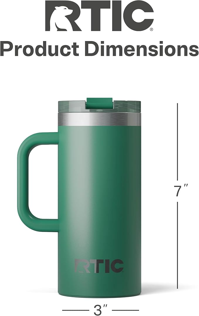 RTIC 16oz Road Trip Travel Mug with Lid and Handle, Ceramic Lined, Insulated, Stainless Steel, Metal, Double Wall Vacuum-Insulation, Portable Coffee, Tea Cup for Hot and Cold Drink, Pine Tree