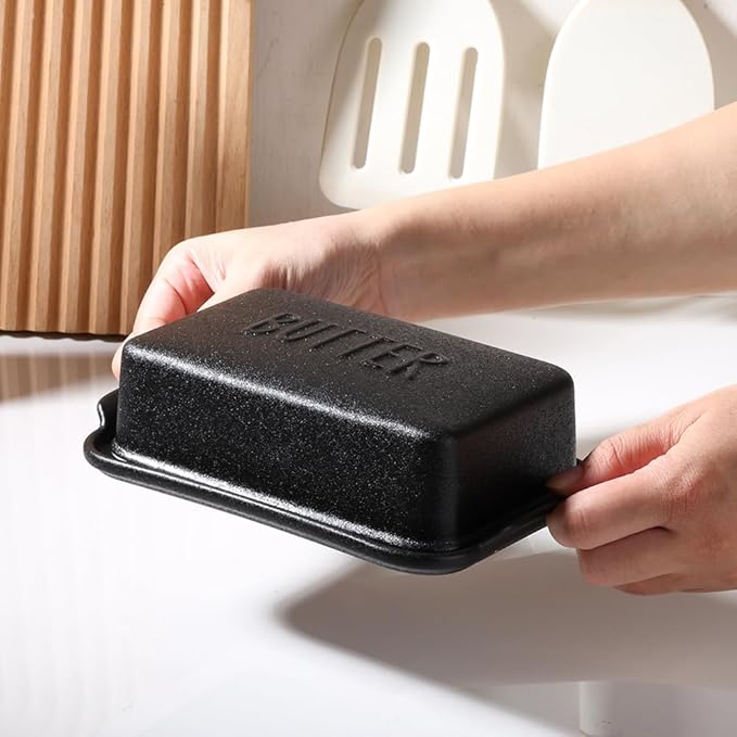 Porcelain Covered Butter Dish with Lid for Countertop Butter Holder Container for One Stick of Butter. Textured Tray Butter Keeper for Non Slip Storage-BLACK SMALL