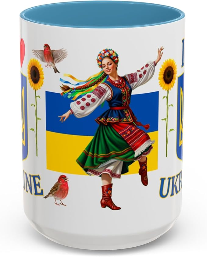 I Love Ukraine 15 oz Coffee Mug - Gift - Christmas Birthdays Gift; Tea Cup (Light Blue Handle)