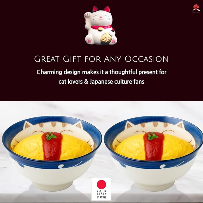 JapanBargain, Set of 4 Japanese Porcelain Bowls Serving Soup Rice Noodle Udon and Salad, Maneki Neko Smiling Cat Pattern, 18 fl.oz, 6-inch, Blue Color, Made in Japan