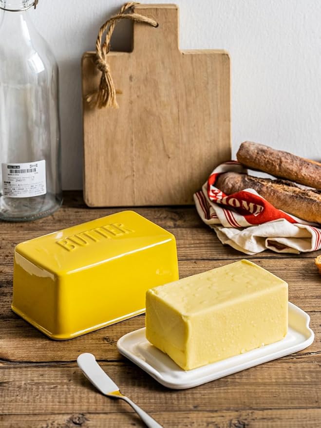 Porcelain Covered Butter Dish with Lid for Countertop Butter Holder Container for One Stick of Butter. Textured Tray Butter Keeper for Non Slip Storage-Yellow