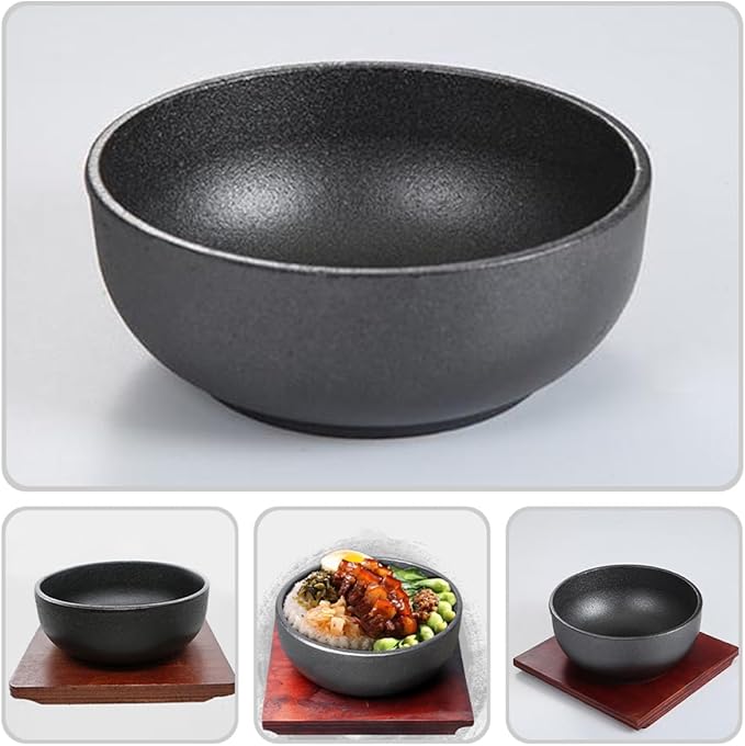 SUPVOX Cast Iron Bibimbap Bowl Set 15cm Korean Stone Pot Rice Bowl with Wooden Base Portable Reusable Korean Cuisine for Induction Cookers