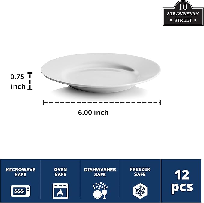 10 Strawberry Street 6" Catering Round Appetizer Plate, Set of 12,White