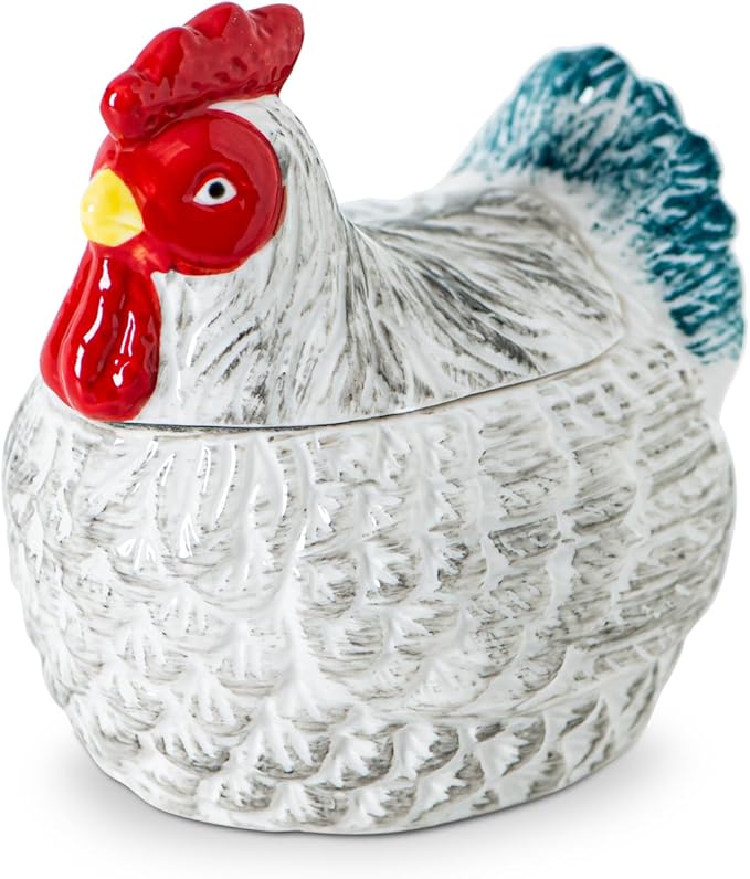 Hen Shaped Salt Container For Countertop Salt Cellar With Bamboo Spoon,Sugar Bowl With Lid,Ceramic Spice Storage Canisters With Lid, Colorful Farmhouse Kitchen Countertop Decor