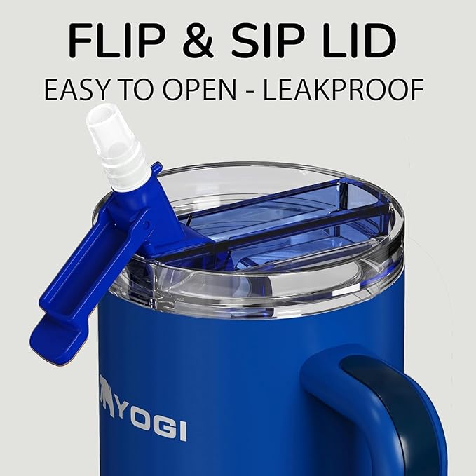 YOGI Ceramic Lined Metal Allergy Safe 40oz Tumbler with Handle and Straw Leakproof Flip & Sip Lid Vacuum Insulated Stainless Steel Travel Cup for Iced Coffee Water and All-Day Hydration 40oz Indigo