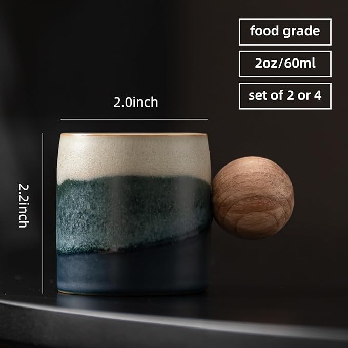 2-Oz Ceramic Espresso Cups with Wood Handle, 2/4-Piece Set for Coffee, Tea, Latte - Dishwasher Safe, Multi-Color & Wood Styles, Gift & Café Use (Kiln turning blue, Round Handle4)