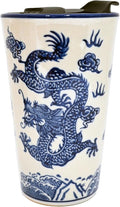 Urban Tokyo 12oz Porcelain Double Wall Travel Mug with Splash Resistant Lid, Asian Style Design, Ceramic Handpainted Reusable Tumbler, Coffee Tea On the Go (Oriental Dragon)