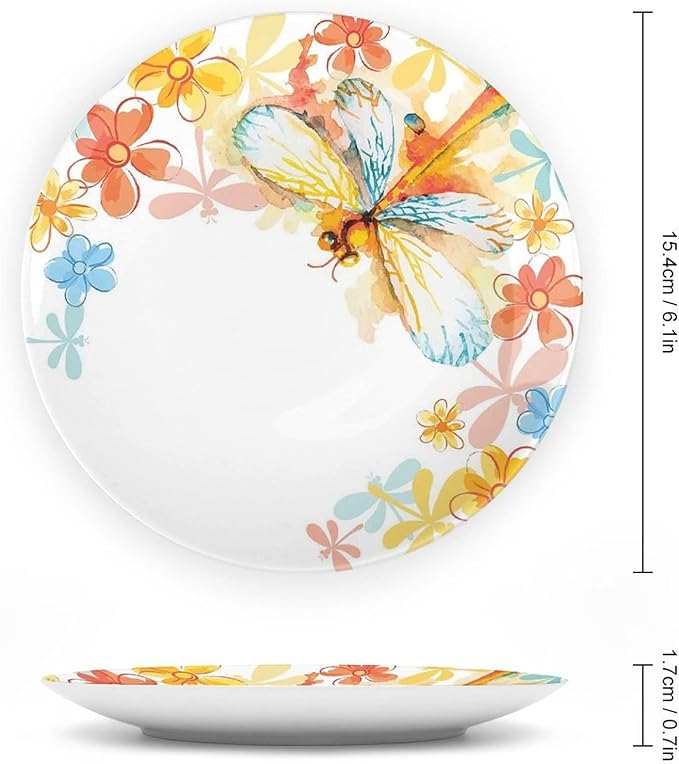 XISUNYA 8 Inch Decorative Plate, Dragonfly Dinner Plate, Abstract Grunge Vintage Moth with Spring Flowers Frame Print Ornament Display Plate Decor Accessory for Dining, Parties, Wedding