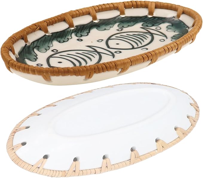 Rattan Ceramic Tray, Oval Fruit/Bread/Cookie/Jewelry Small Storage Porcelain Serving Plate, Vintage Decorative Display Plate for Coffee Table Home Decor Wedding Party Gift (Green Fish)