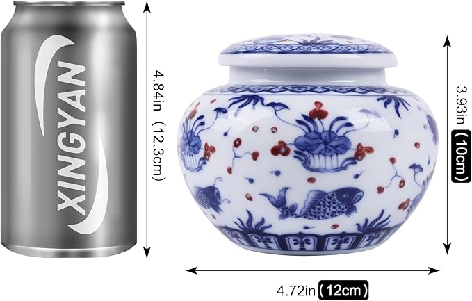 Traditional Chinoiserie Round Ginger Jars Blue and White Porcelain Series Ceramic Storage Jars with Sealed Lids,for Home/Kitchen/Dining Table Decoration (Fish Jar)