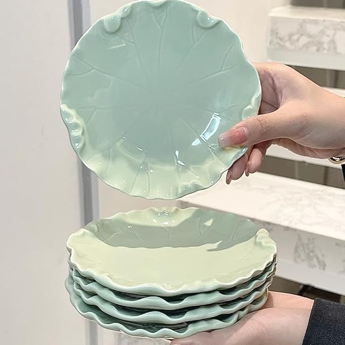WAIT FLY 4PCS Lotus Leaf Ceramic Dessert Plates 6 Inch Snack Plates Serving Plates for Cake Appetizer Dried Fruit-Green