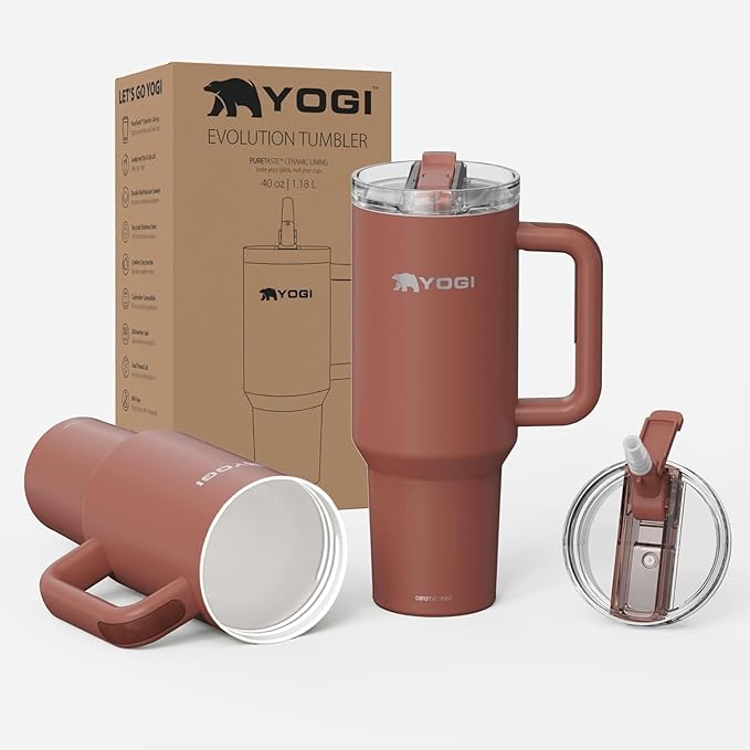 YOGI Ceramic Lined Metal Allergy Safe 30oz Tumbler with Handle & Straw Leakproof Flip & Sip Lid Vacuum Insulated Stainless Steel Travel Cup for Iced Coffee Water and All-Day Hydration 30oz Terracotta