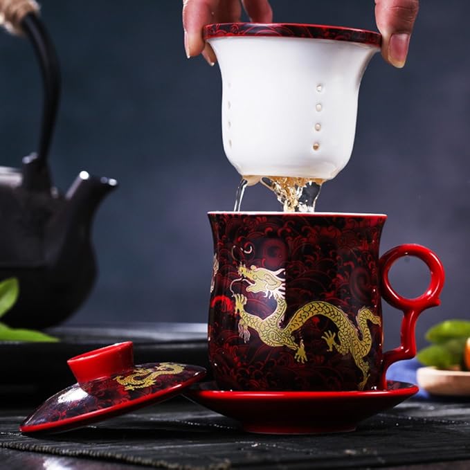 PLESIU Yuhytop Groye Tea Talent Porcelain Tea Cup with Infuser Lid and Saucer Sets - Chinese Jingdezhen Ceramics Coffee Mug Teacup Loose Leaf Tea Brewing System for Home Office