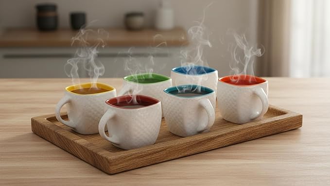 Handcrafted Set of 6 Ceramic Tea Cups 160 ML Elegant Porcelain Breakfast Coffee Mugs Glazed Finish For Cortado Cappuccino Espresso Kulhad Chai Microwave & Dishwasher Food Safe For Home Office Kitchen