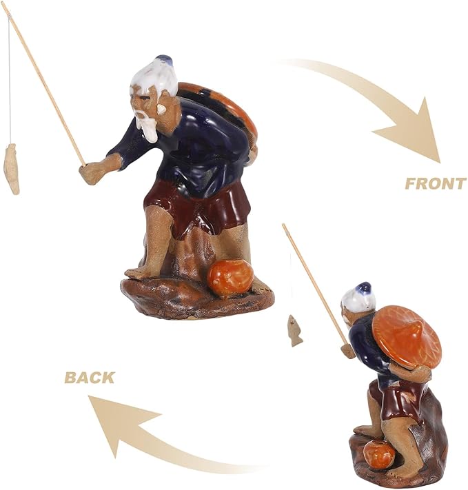 balacoo 2pcs Mini Ceramic Fisherman Figurines for Bonsai and Zen Garden Decoration, Micro Fishing Statue Tabletop Fish Tank Ornament, 3-inch Asian Pottery Sculpture