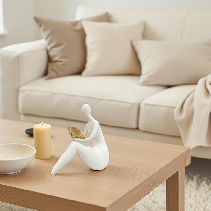 White Abstract Sitting Figurine with Gold Butterfly – Modern Shelf Sitter Sculpture for Home Decor, Minimalist Statue, Elegant Desk Ornament for Living Room, Office & Bookshelf Decoration