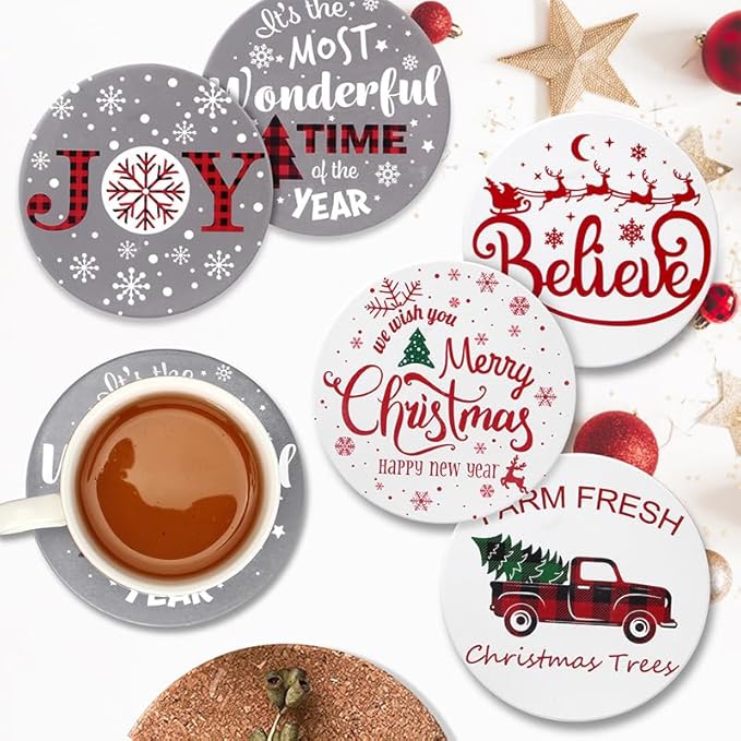 6 Pcs Ceramic Christmas Coasters Absorbent Drink Coasters with Holder Cute Xmas Coaster Set Decorative Coffee Table Decor Coaster Funny Christmas Decoration Housewarming Gift Festive Cup Coasters