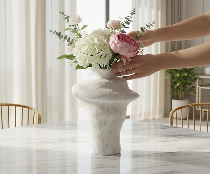 Handmade Ceramic Vase – Irregular Sculptural Design with White Textured Finish and Rustic Brush Strokes, Modern Decorative Pottery for Home Decor and Table Centerpiece