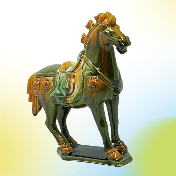 Handmade Tang Dynasty Tri-Color Horse Ceramic Sculpture - 19cm Traditional Chinese Cultural Art Decor - Symbol of Prosperity & Good Fortune - Perfect for Home, Office, Bookcase Shelf(Grass Green)