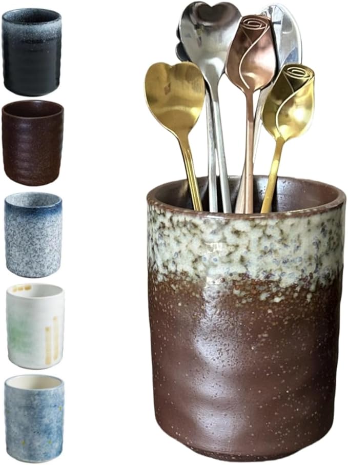 Stoneware Coffee Bar Utensil Holder Tea & Coffee Spoon & Stirrer Holder for Stir Stick Straw Teaspoon Holder Spoon Cup Small Utensil Jar (Retro Rustic Brown)