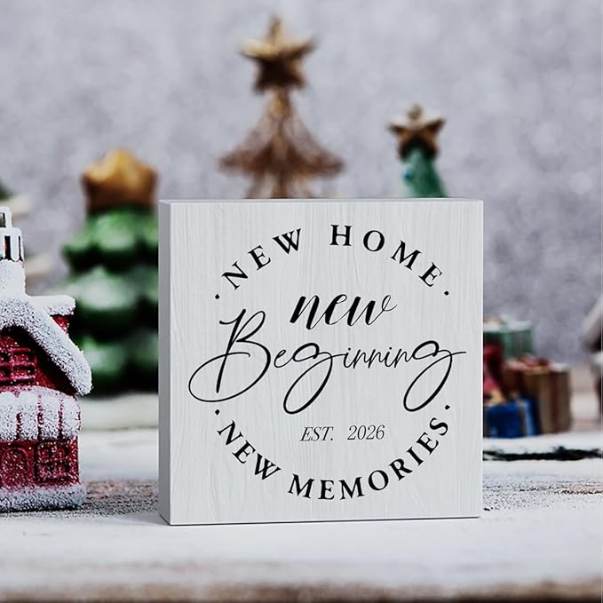Rustic 2026 New Home Housewarming Gifts Ideas for Women Men Friend Home Desk Shelf Decor - 5.1 x 5.1 Inches New Memories Shelf Table Decor Desk Accessories - White