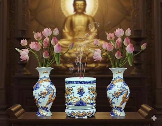 HERITAGE T&T Dragon Flower Altar Vase Pair – Bat Trang Handmade Ceramic – Buddhist Altar Flower Vase Set – Traditional Asian Home Decor – 1 Pair (2 Vases) - Blue & Yellow Glaze, Height 26 cm (10.2 in)